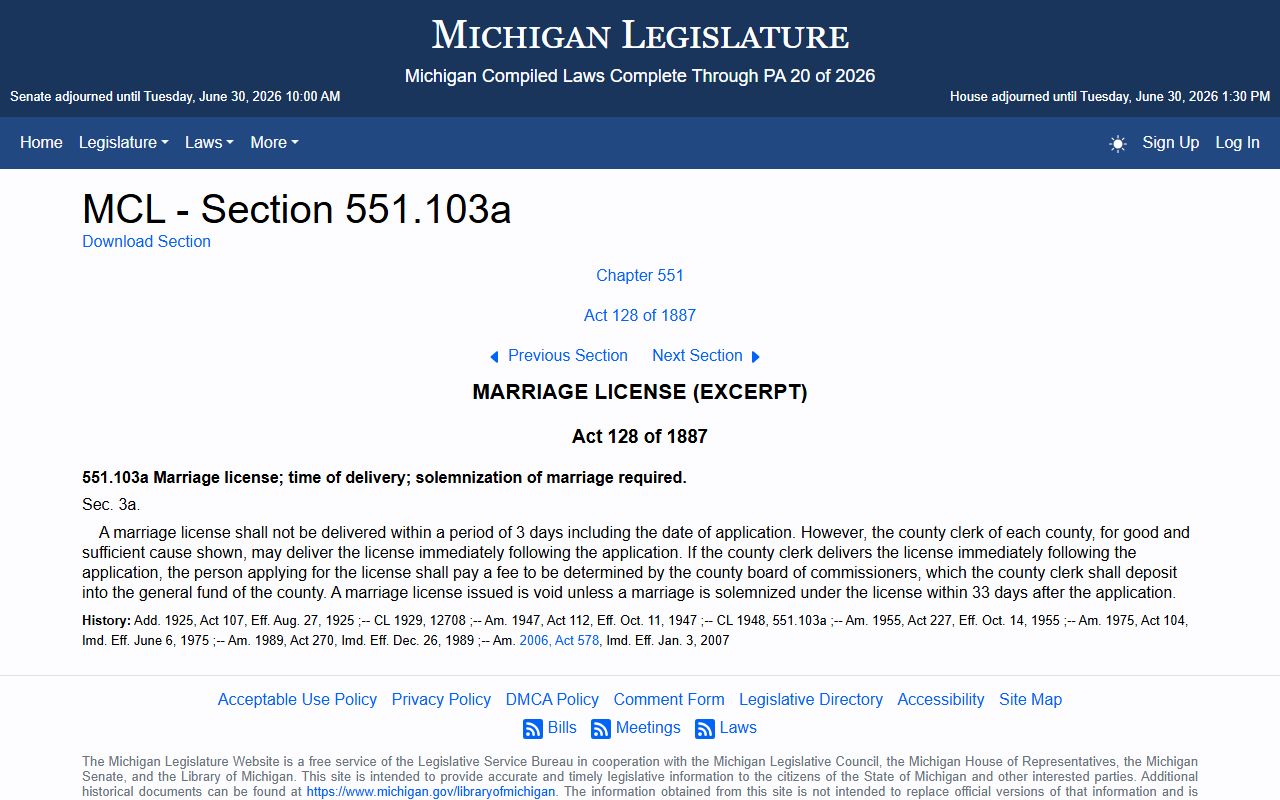 Hillsdale County Clerk of Court marriage license waiting period statute