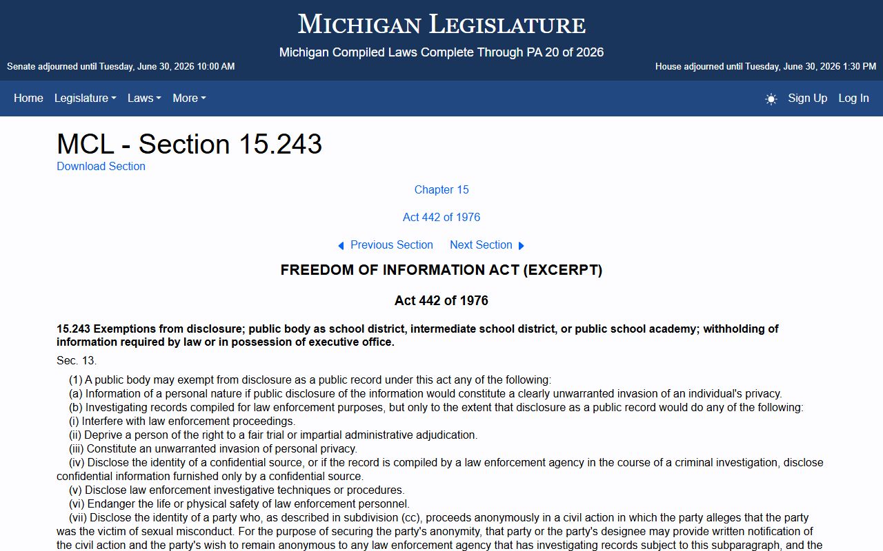 Hillsdale County arrest records disclosure limits under Michigan FOIA exemptions statute MCL 15.243