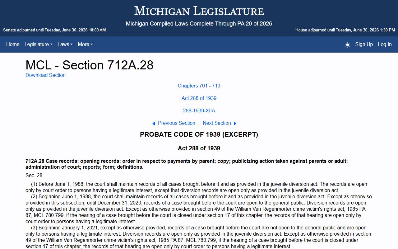 Hillsdale County arrest records juvenile confidentiality under Michigan statute MCL 712A.28