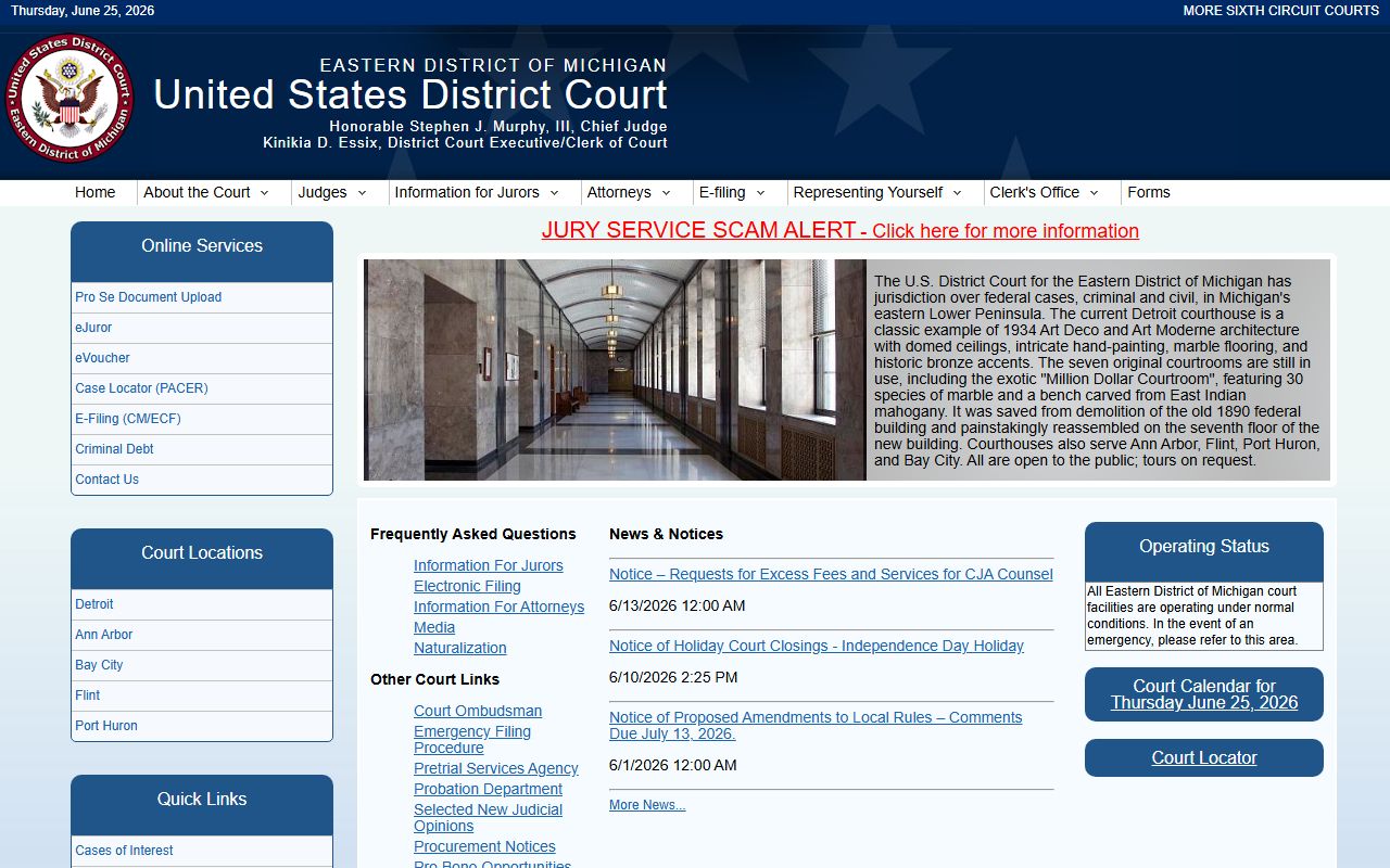 Hillsdale County arrest records federal venue note beside the Eastern District of Michigan homepage