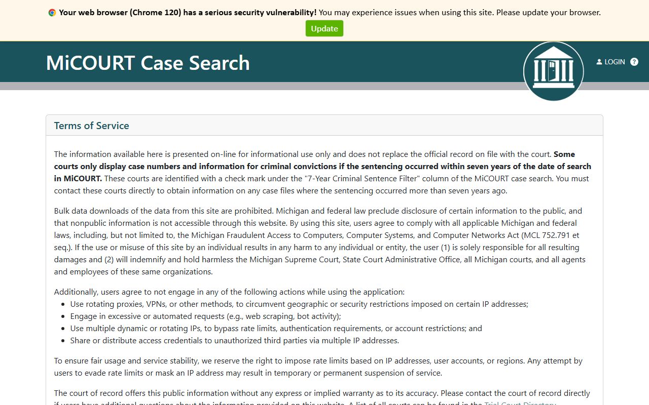 Michigan case search form for Hillsdale County circuit court records