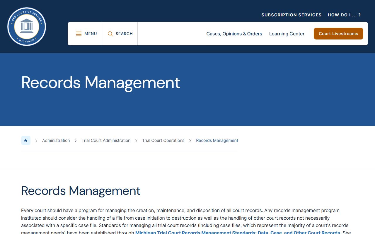 Michigan trial court records management page for Hillsdale County court records