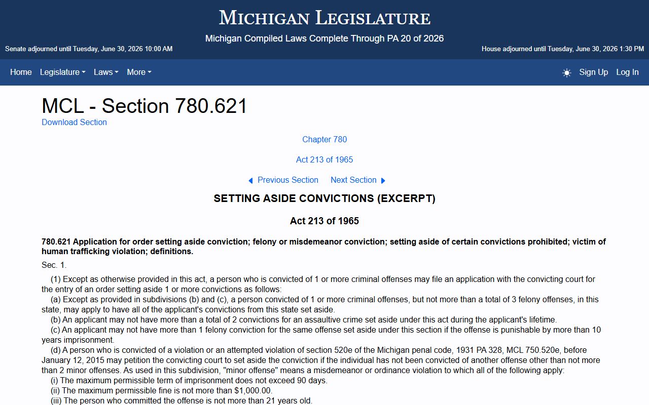 Hillsdale County criminal court records set-aside rules under Michigan statute MCL 780.621