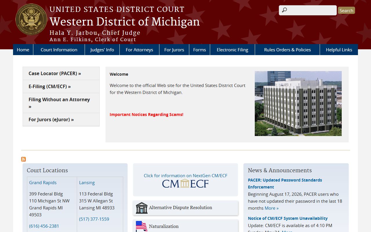 Hillsdale County Circuit Court and Western District of Michigan homepage