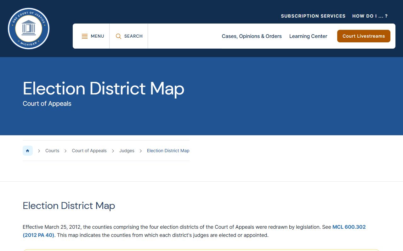Hillsdale County Circuit Court and Michigan Court of Appeals election district map