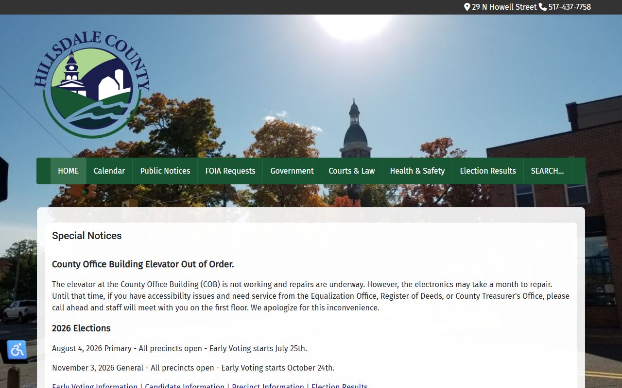Hillsdale County court records homepage with links to court and sheriff offices