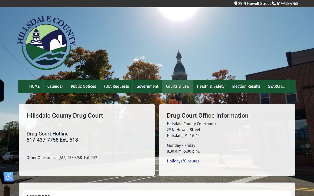 Hillsdale County drug court program page with hotline and check-in details