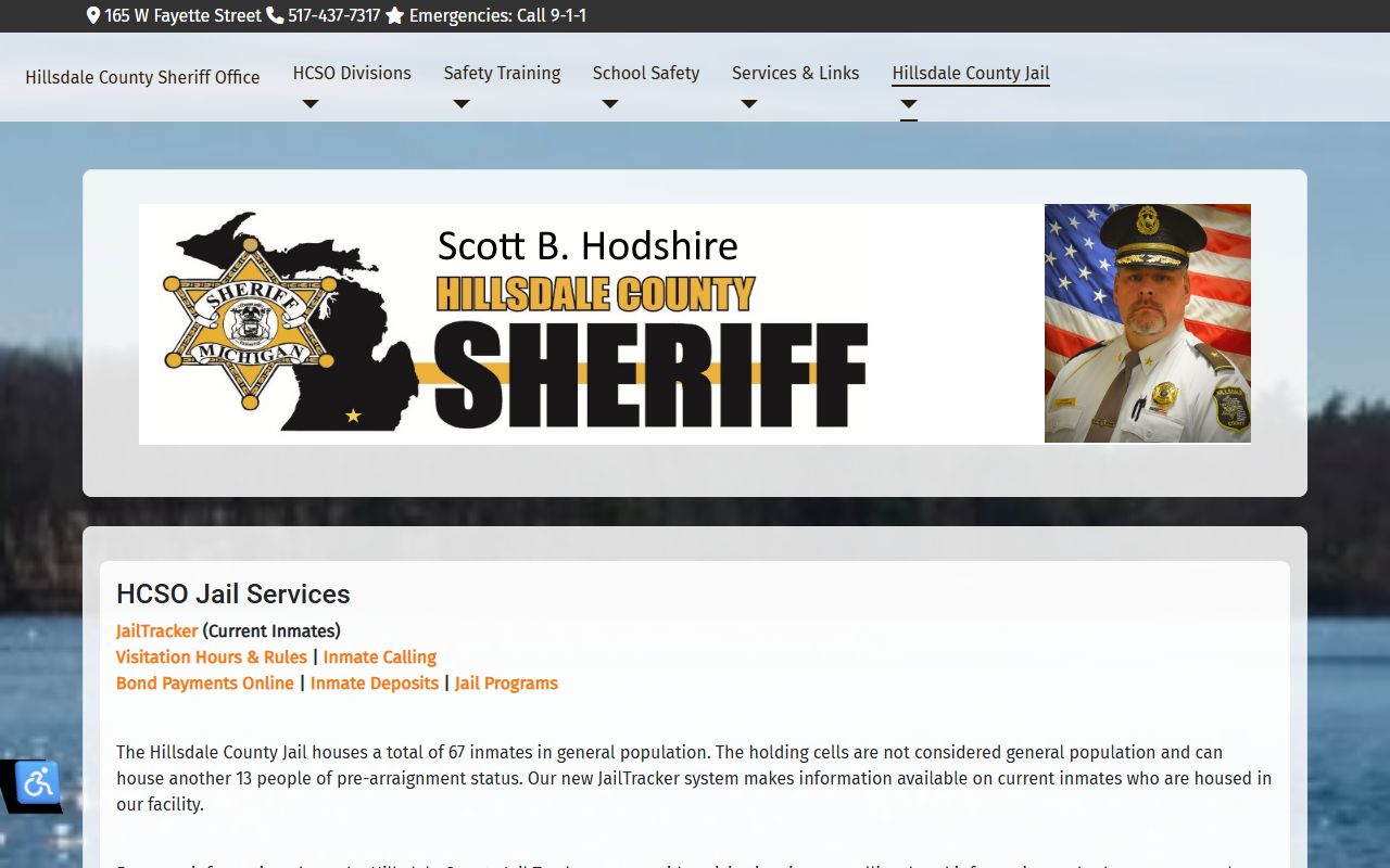 Hillsdale County jail services page with inmate roster and visitation links