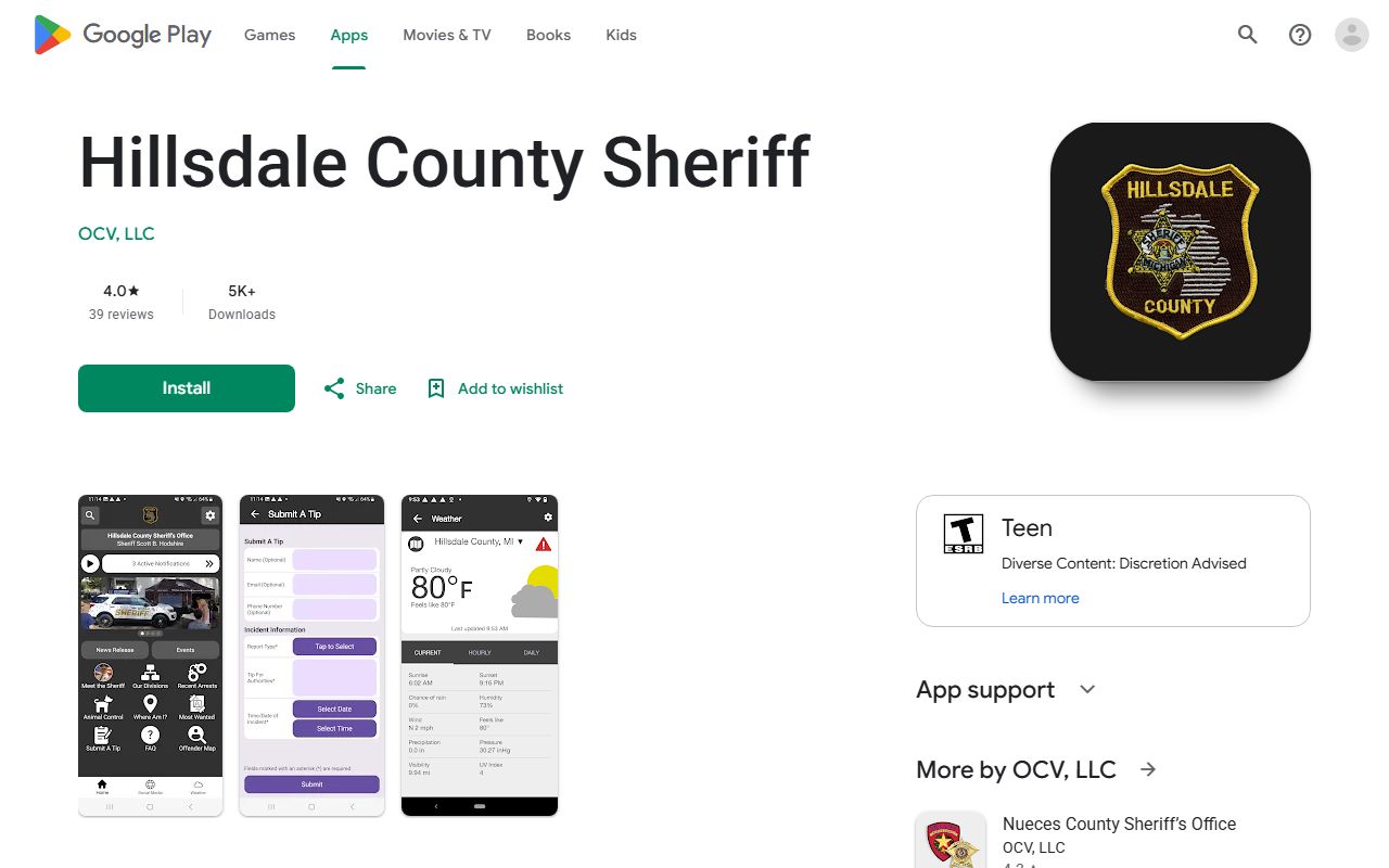 Google Play listing for the Hillsdale County Sheriff app