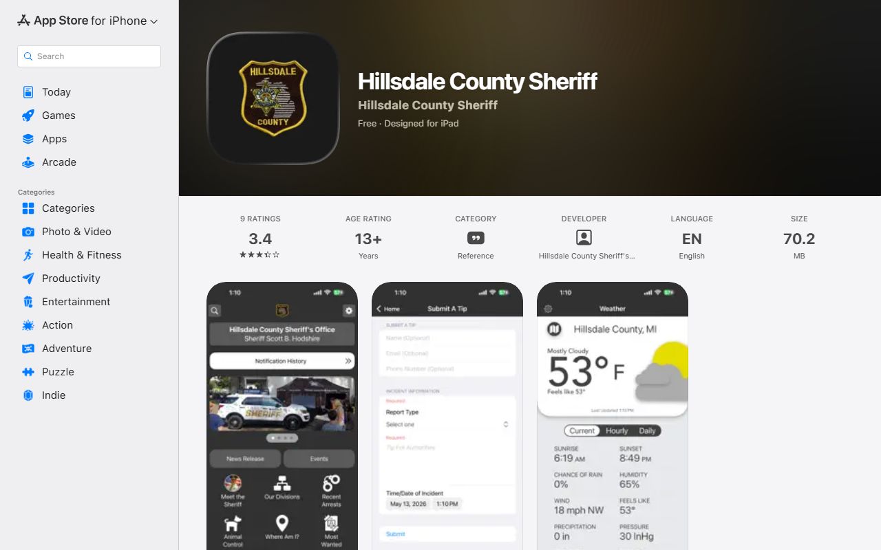 Apple App Store listing for the Hillsdale County Sheriff app