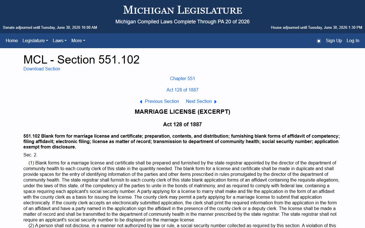 Michigan marriage application statute for Hillsdale County records