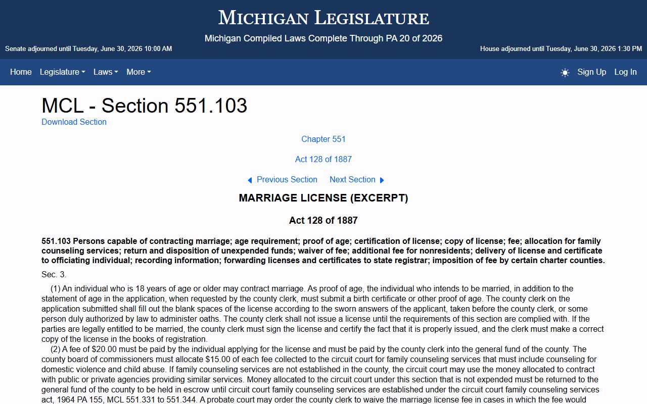 Michigan marriage license fee statute for Hillsdale County records