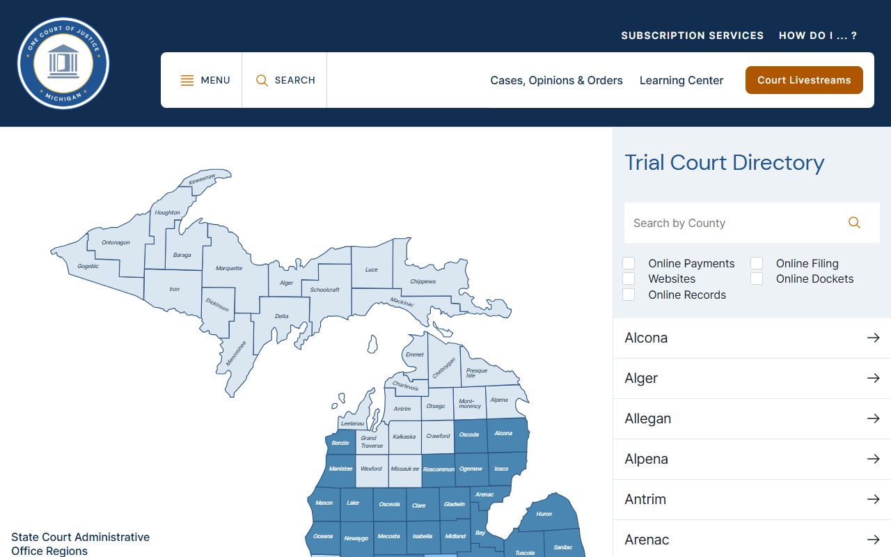 Hillsdale County traffic court records Michigan trial court directory