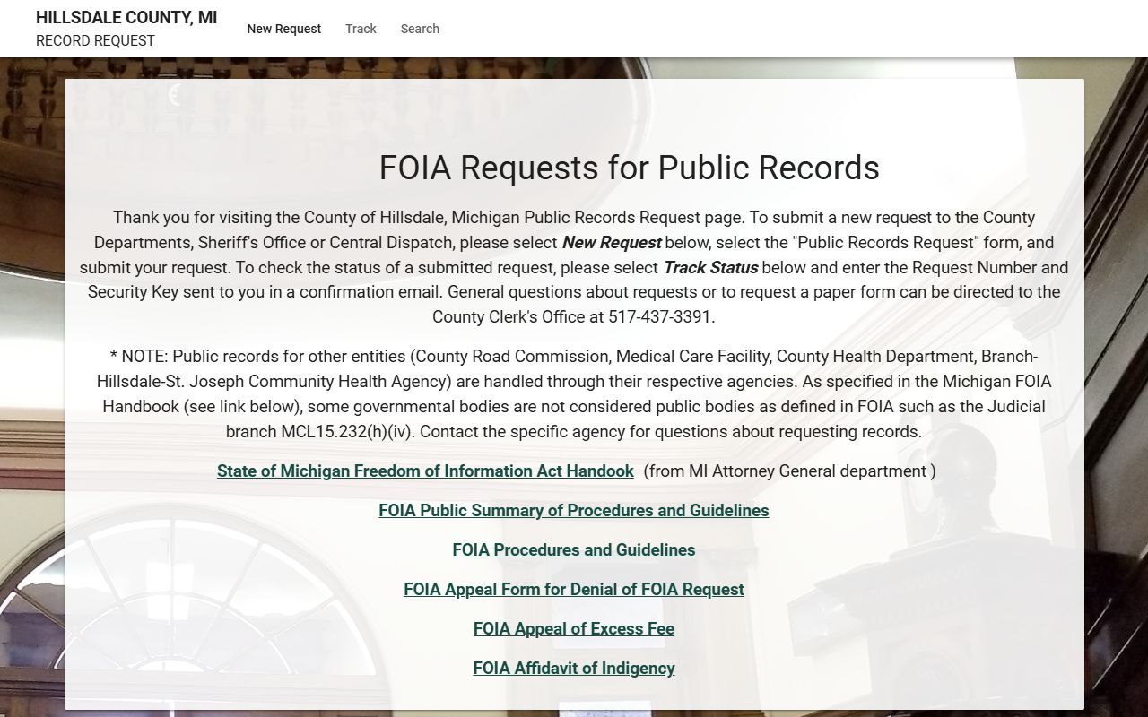 Hillsdale County Sheriff FOIA request portal for warrant information