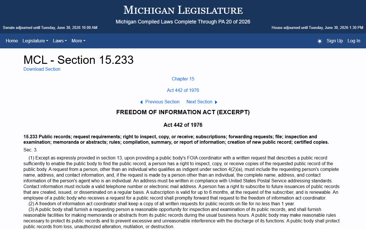 Michigan FOIA inspection and copying statute for Hillsdale County warrant records