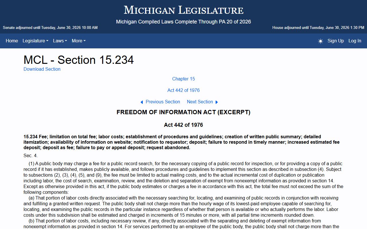 Michigan FOIA fee and charge statute affecting Hillsdale County warrant requests